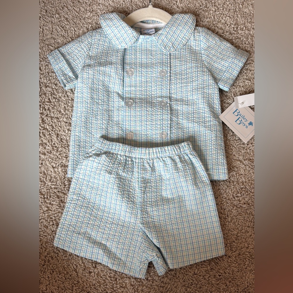 Bailey Boys Light Blue Plaid Double-Breasted Pajama Short Set - Kids